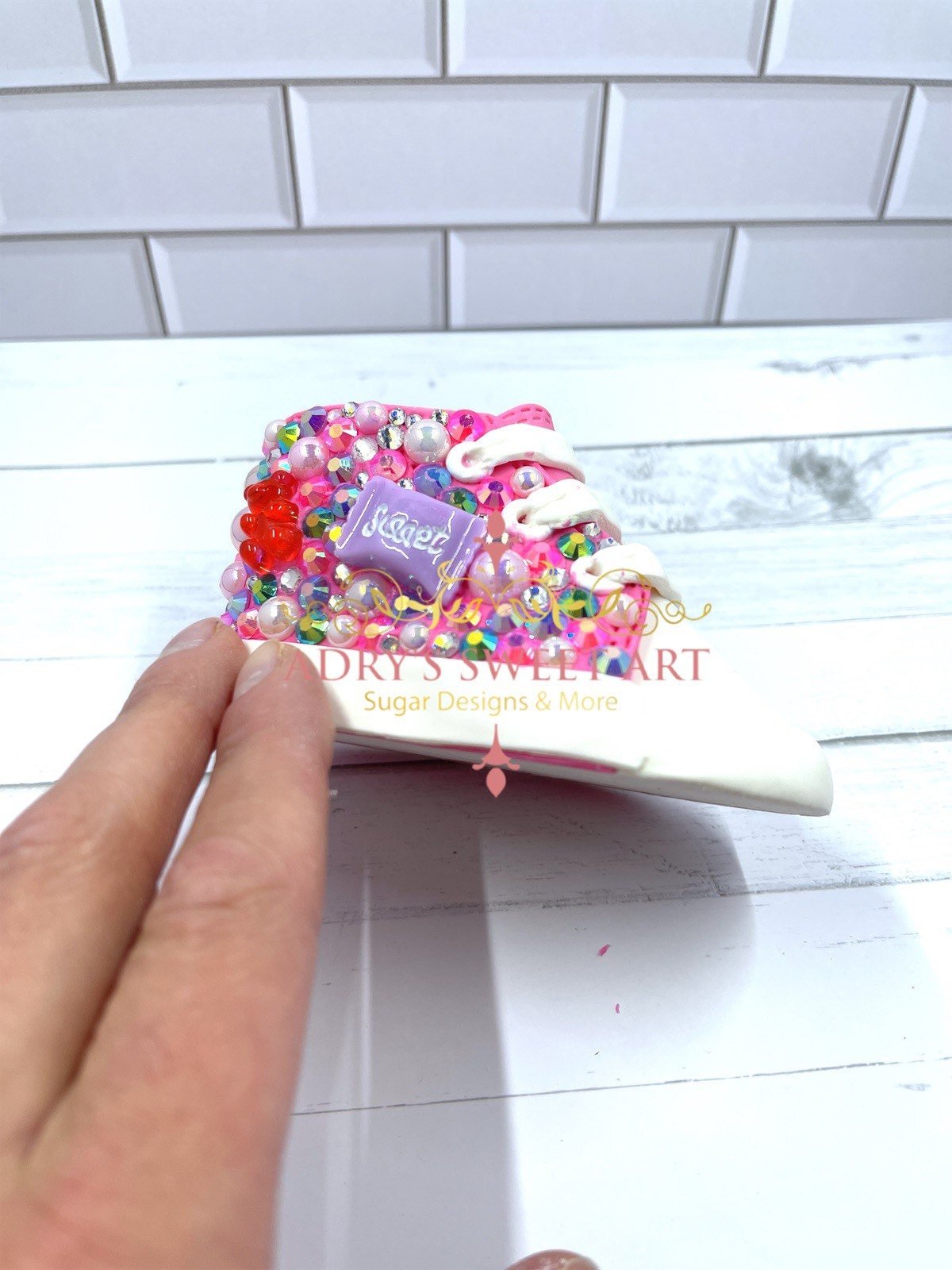 Pink Candy & Rhinestone Baby Sneakers Gum Paste Cake Topper - Adry’s Sweet Art