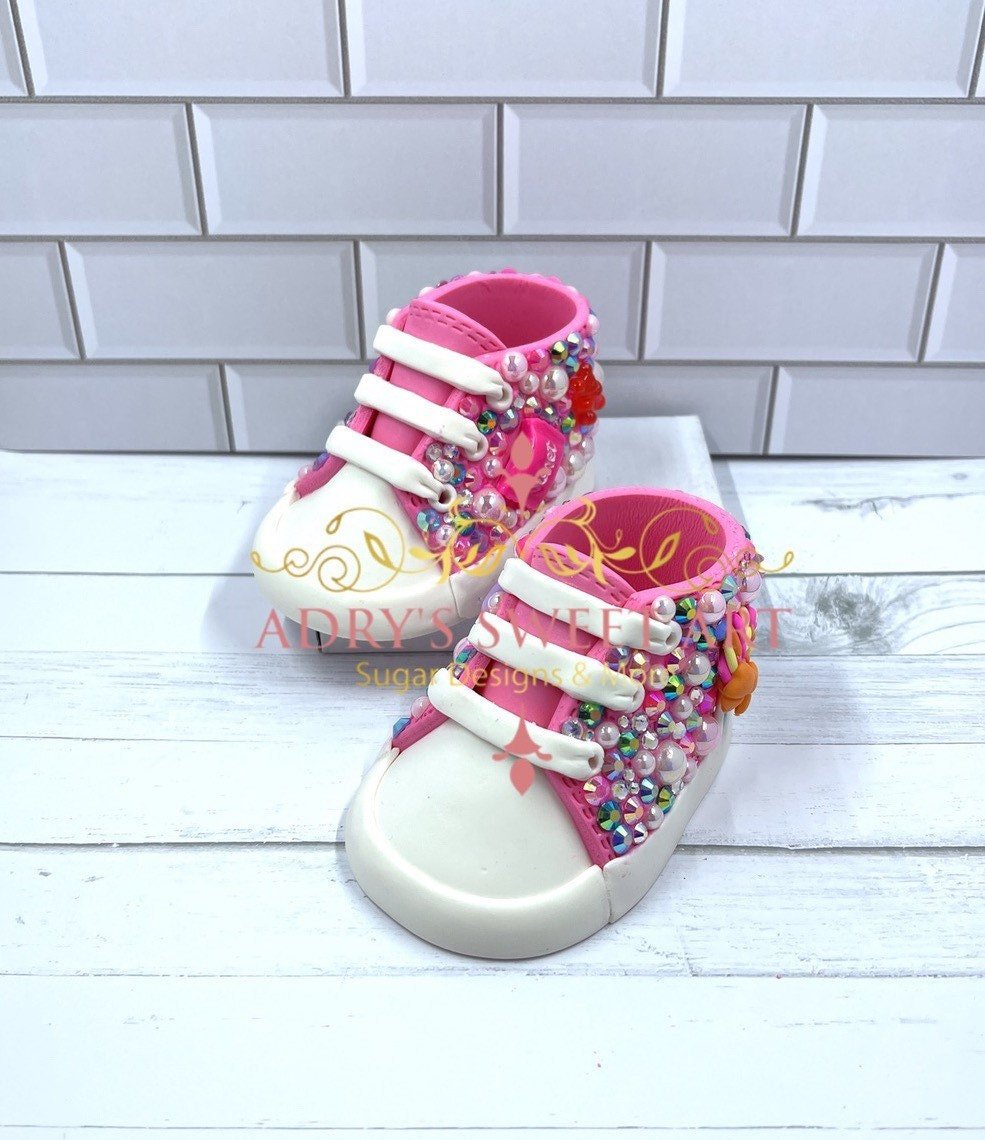 Pink Candy & Rhinestone Baby Sneakers Gum Paste Cake Topper - Adry’s Sweet Art