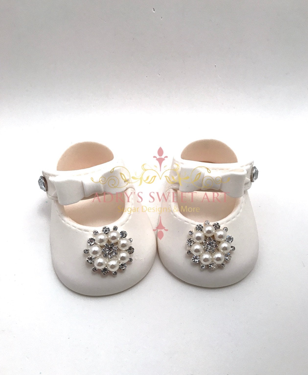 White Baby Shoes with Pearls & Rhinestones Gum Paste Cake Topper - Adry’s Sweet Art