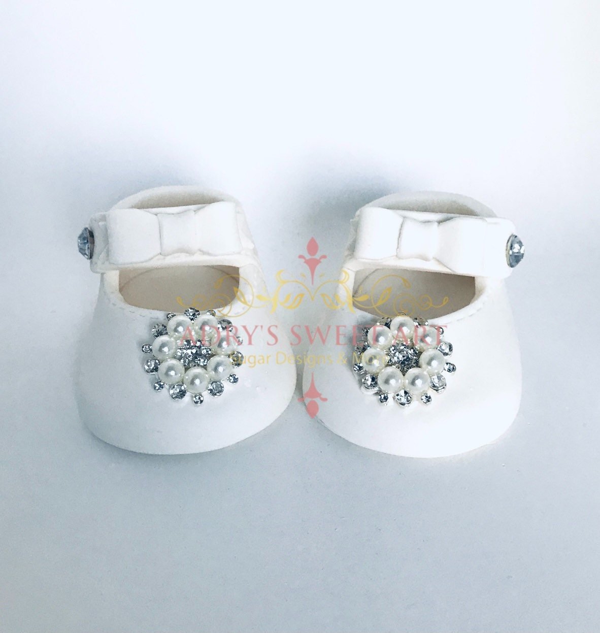White Baby Shoes with Pearls & Rhinestones Gum Paste Cake Topper - Adry’s Sweet Art