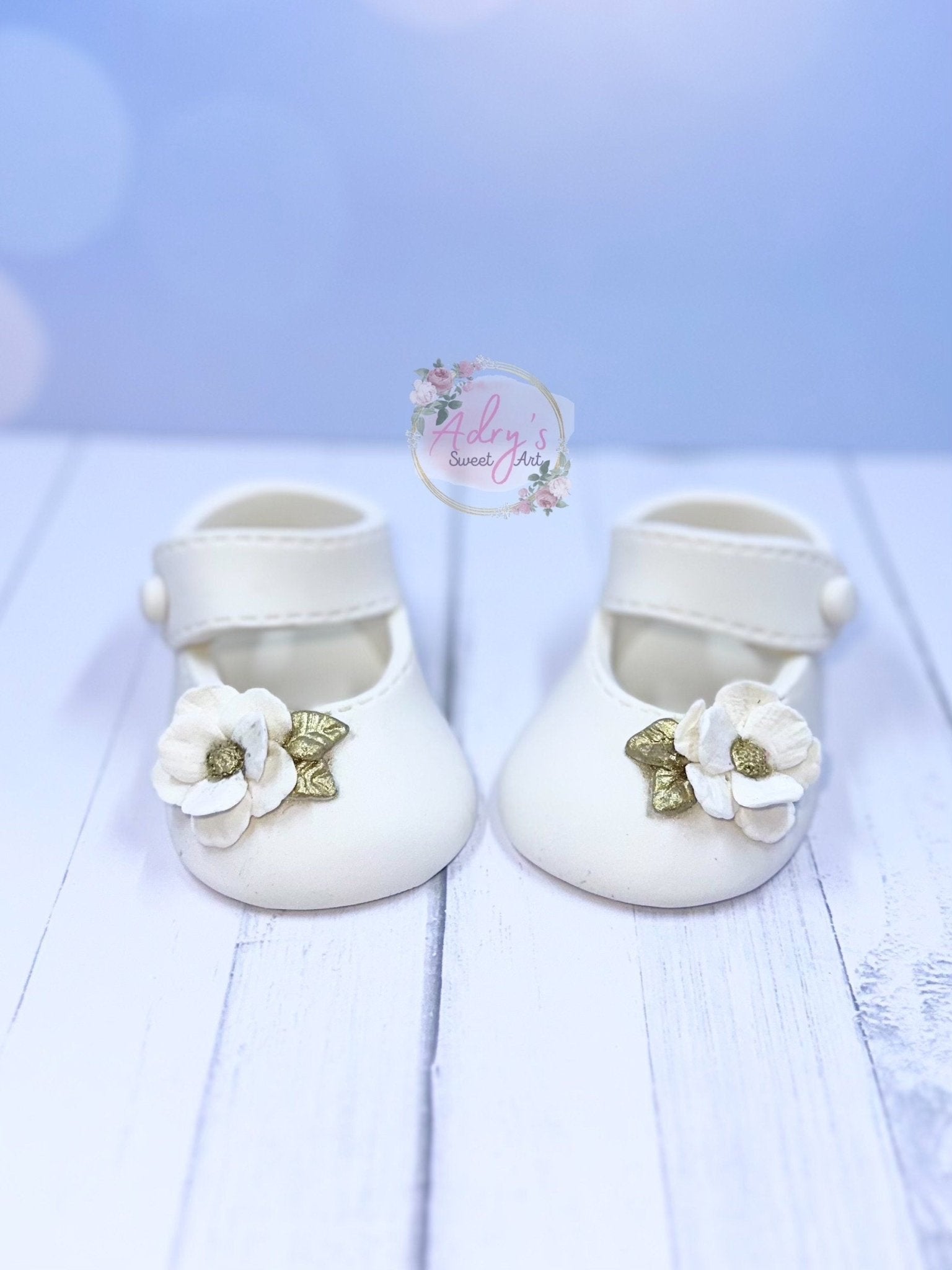 White & Gold Baby Shoes Gum Paste Cake Topper - Adry’s Sweet Art