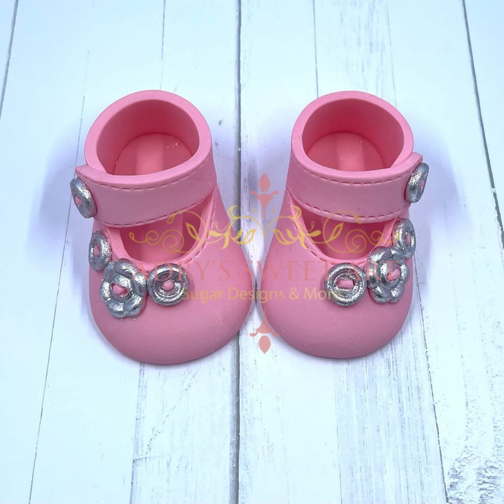 Gum Paste Baby Girl Shoes with Flower Buttons Cake Topper - Adry’s Sweet Art