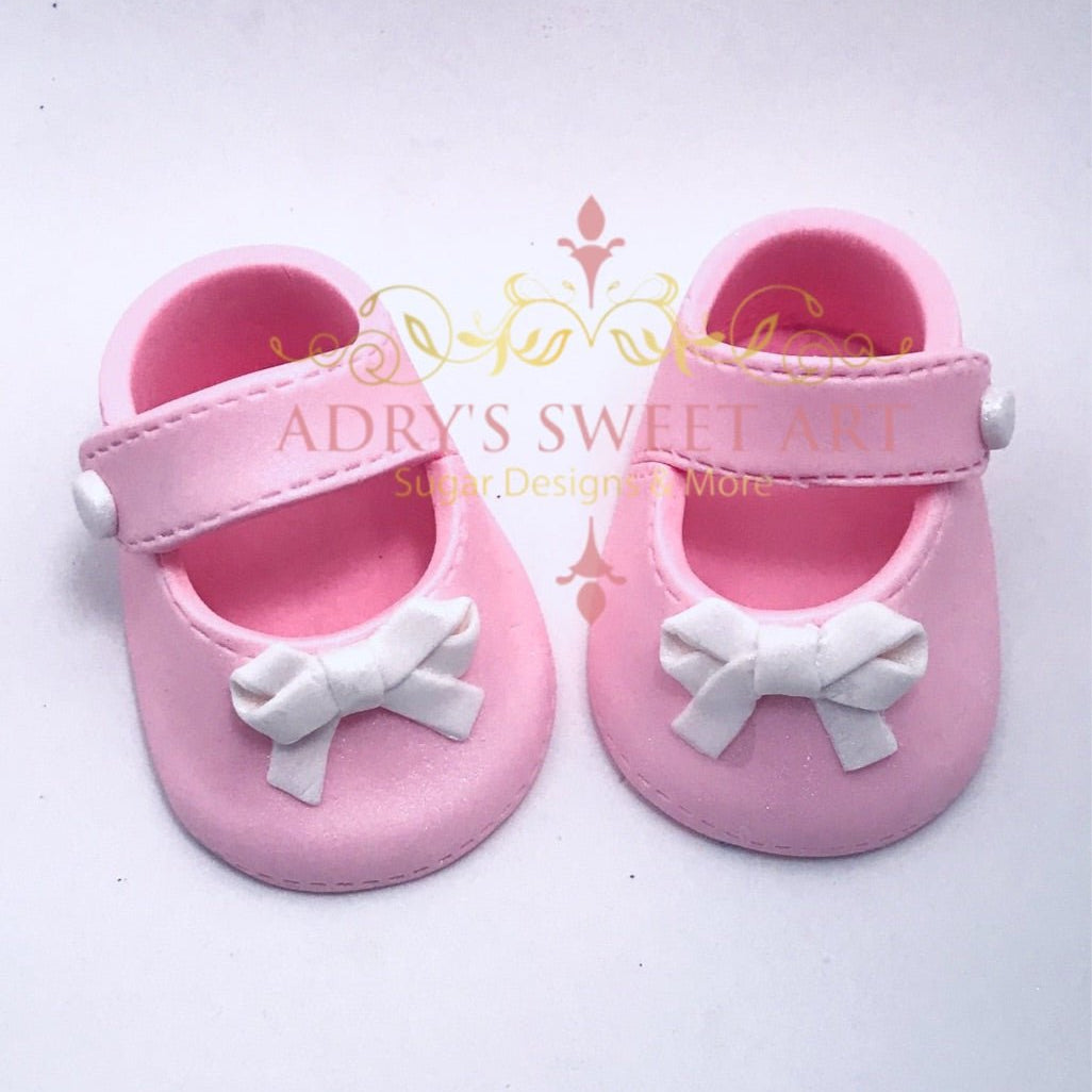 Gum Paste Baby Girl Shoes with White Bow Tie Cake Topper - Adry’s Sweet Art