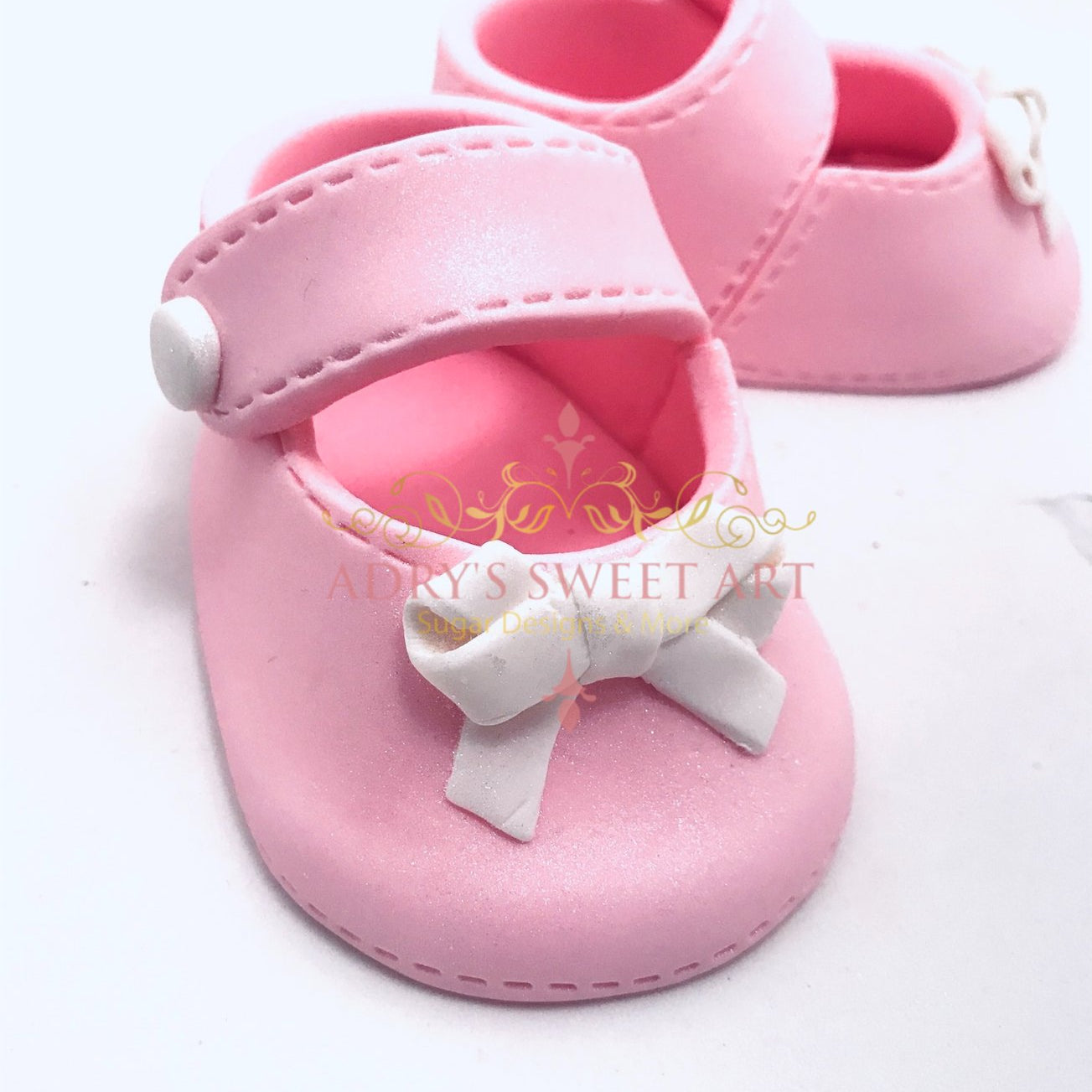 Gum Paste Baby Girl Shoes with White Bow Tie Cake Topper - Adry’s Sweet Art