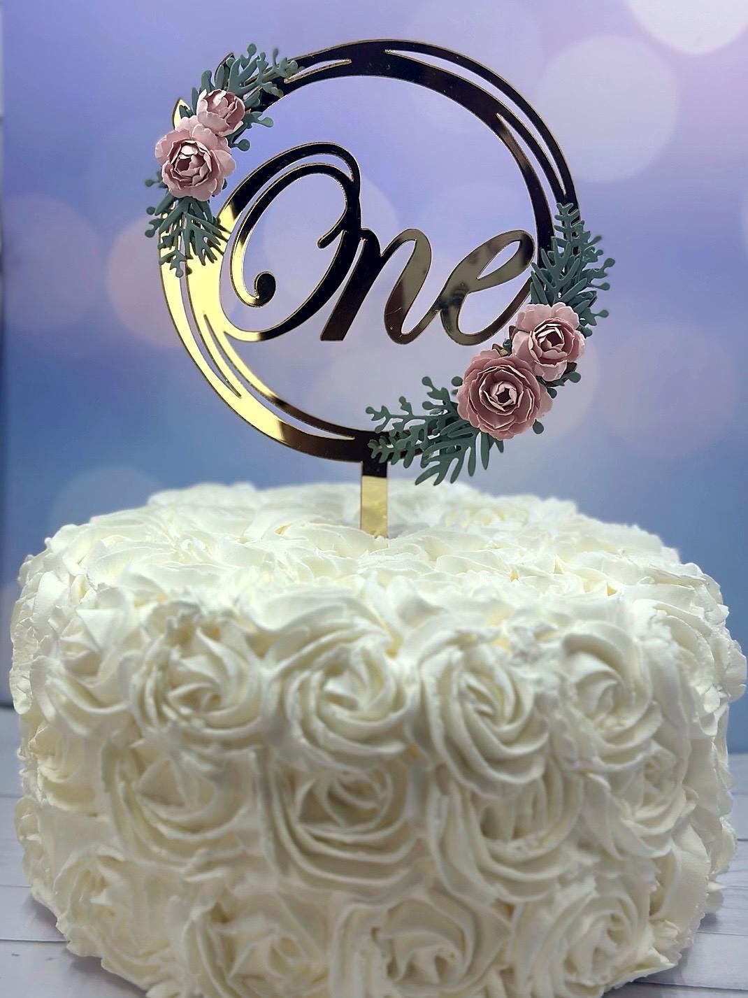 First Birthday Cake Topper for Girl – Gold Floral “One” Topper with Handmade Pink Flowers - Adry’s Sweet Art