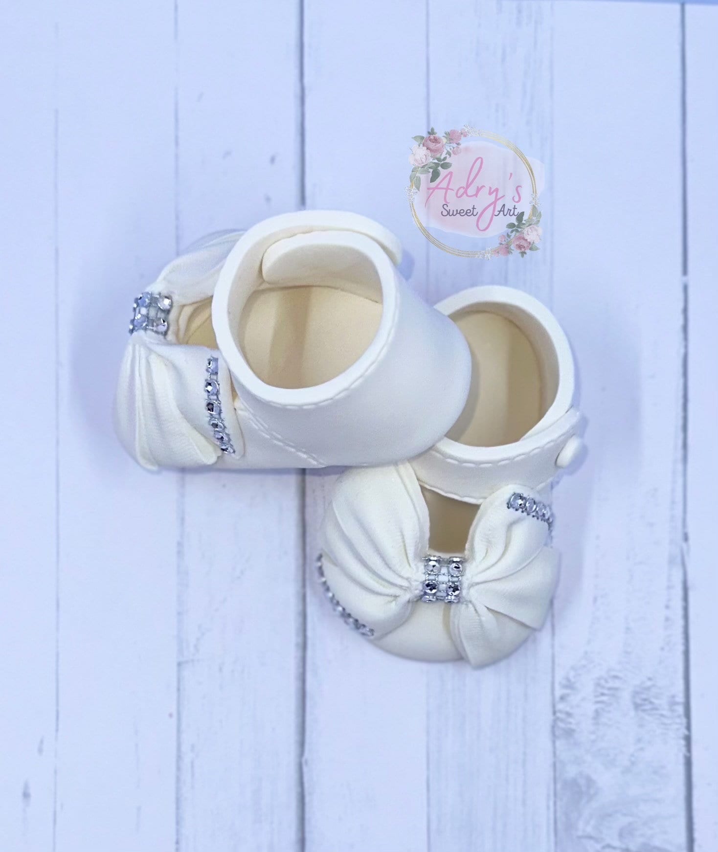 Gum Paste Baby Girl White Shoes with “Fabric Bow” Cake Topper - Adry’s Sweet Art