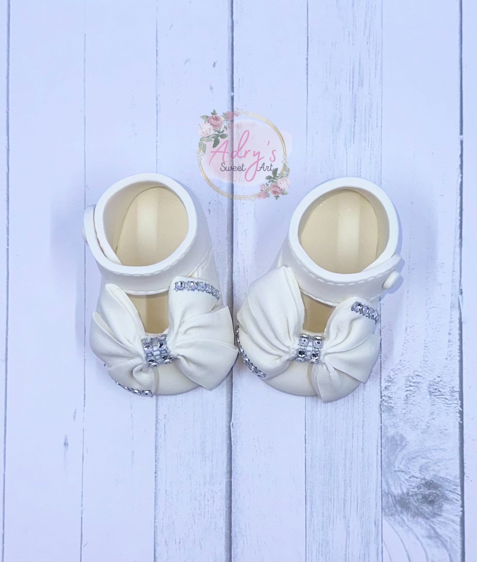 Gum Paste Baby Girl White Shoes with “Fabric Bow” Cake Topper - Adry’s Sweet Art