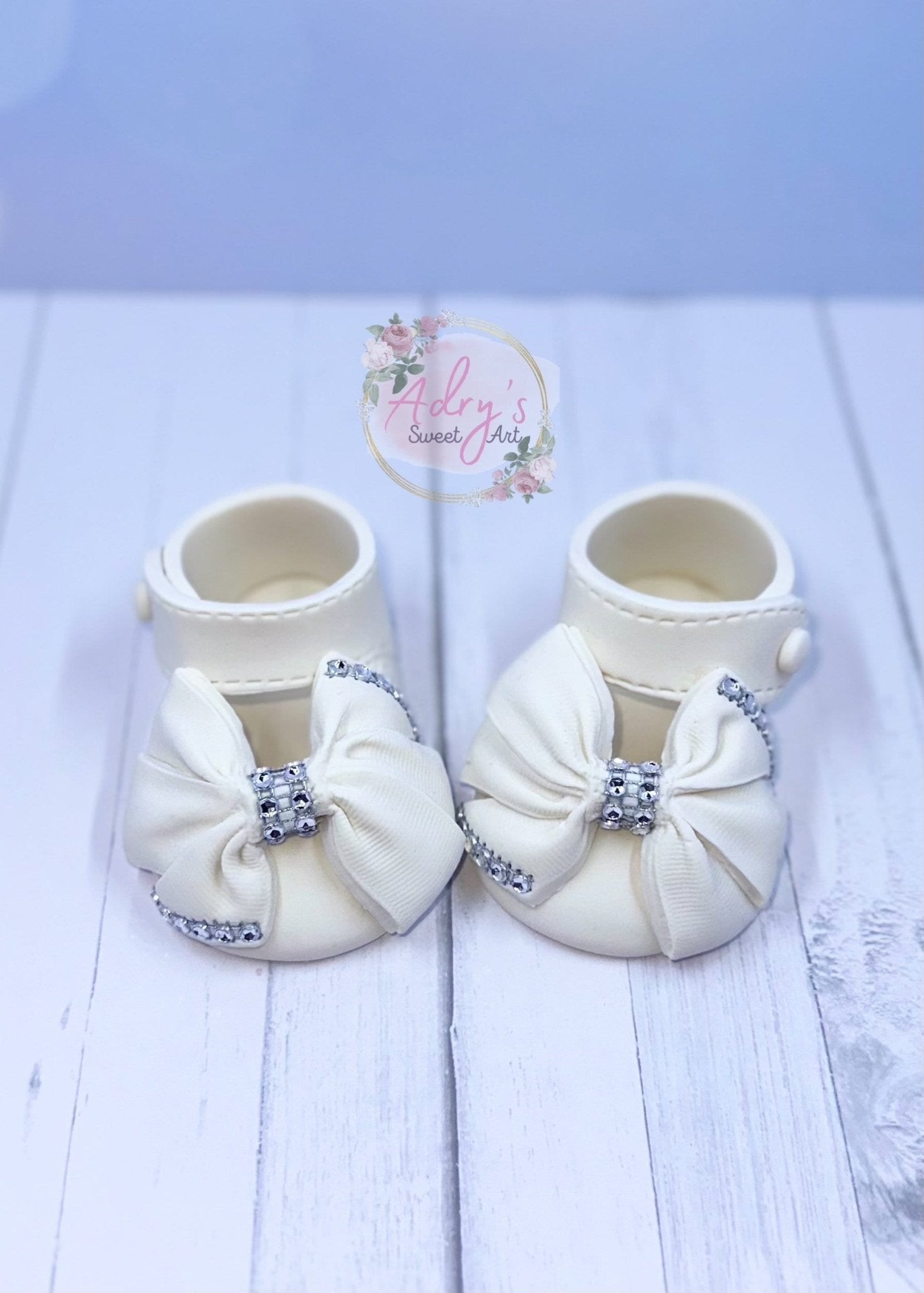 Gum Paste Baby Girl White Shoes with “Fabric Bow” Cake Topper - Adry’s Sweet Art