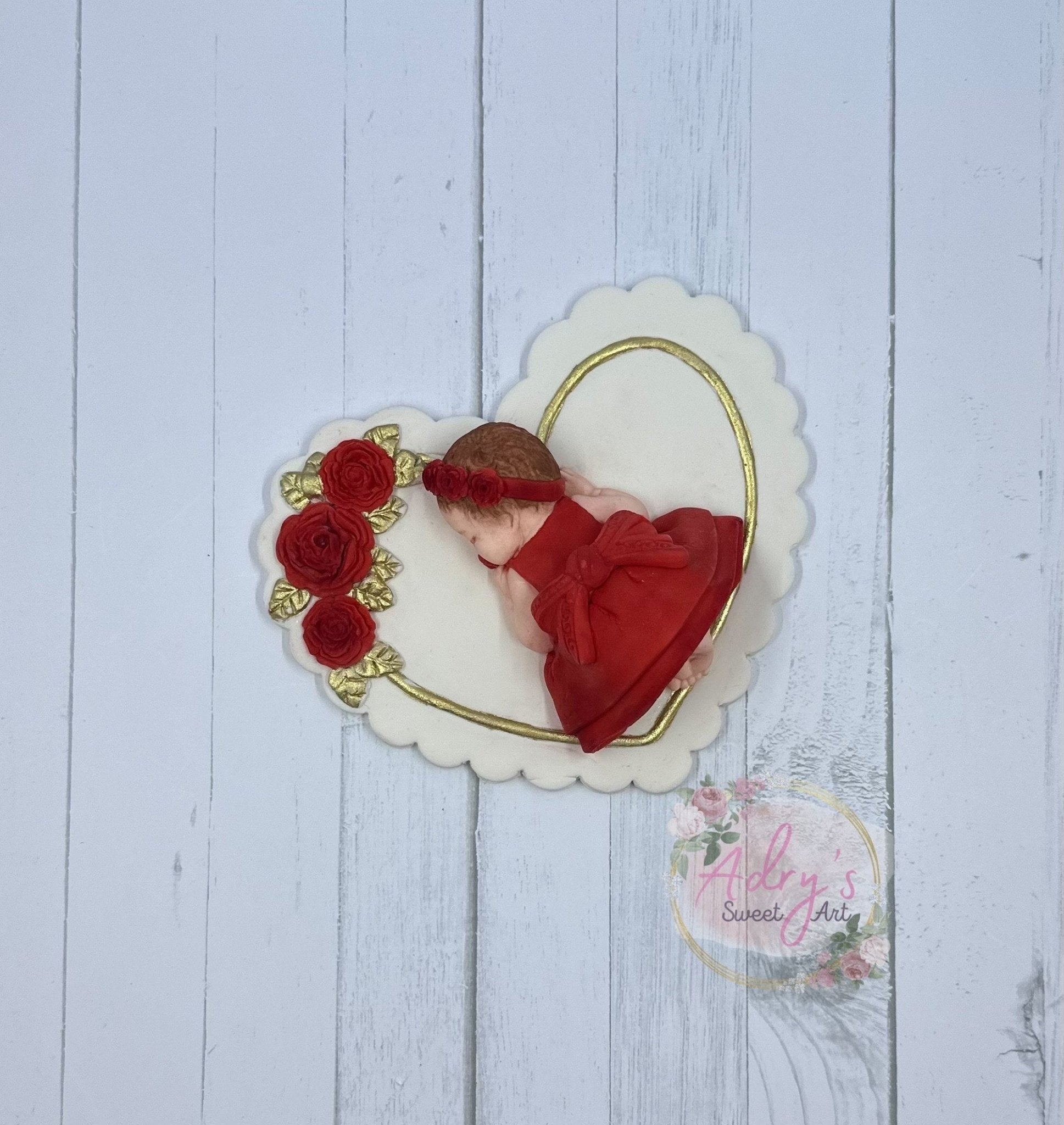 Gum Paste Heart and Red Roses Baby Girl Cake Topper - Adry’s Sweet Art