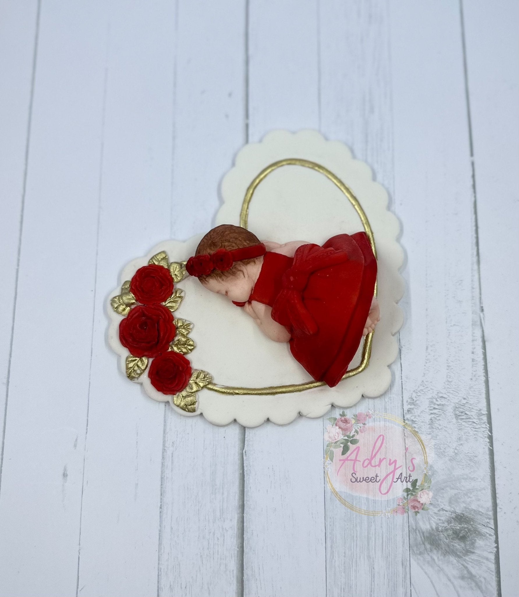 Gum Paste Heart and Red Roses Baby Girl Cake Topper - Adry’s Sweet Art