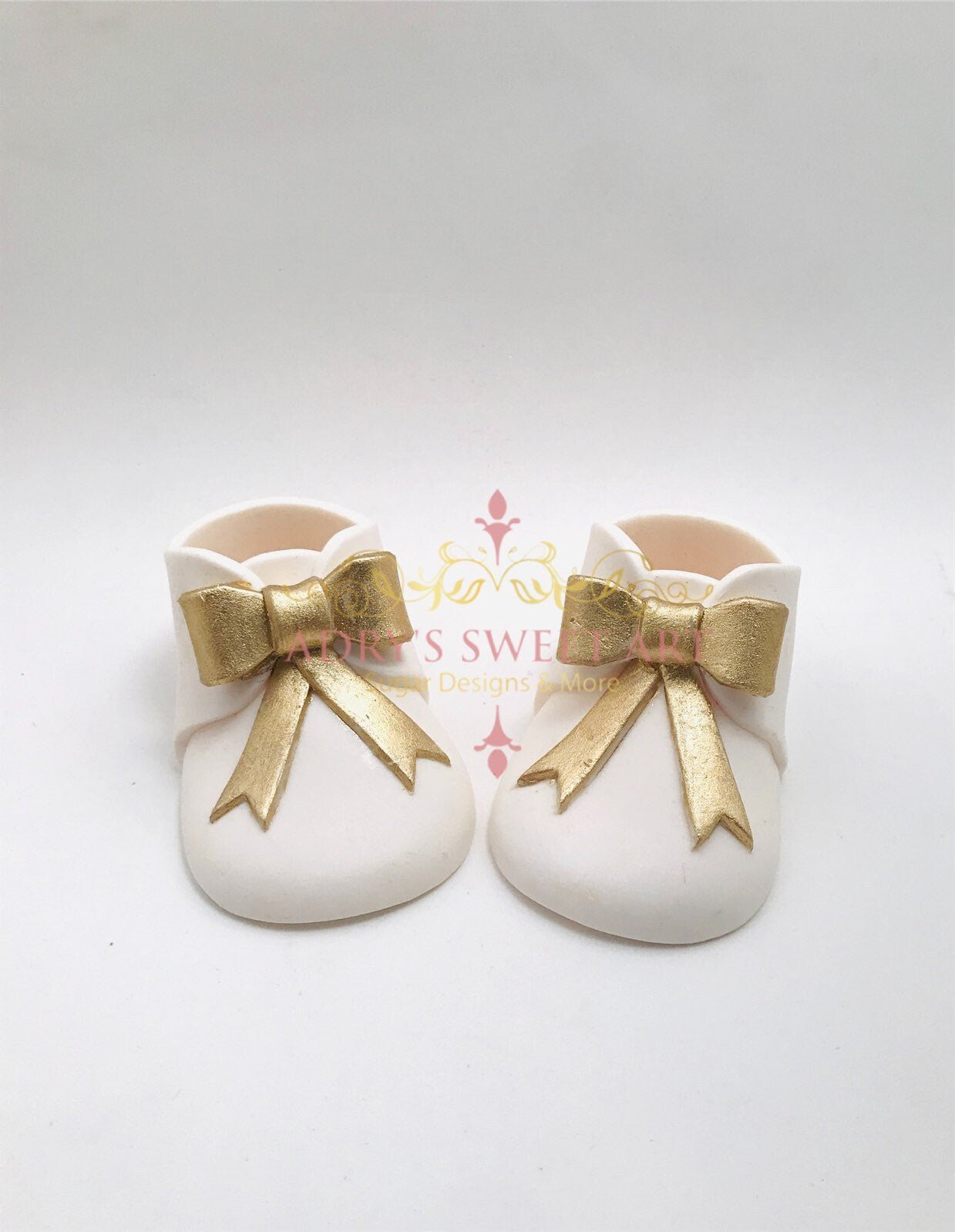 Gum Paste White Baby Boots with Gold Bow Cake Topper - Adry’s Sweet Art