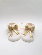 Gum Paste White Baby Boots with Gold Bow Cake Topper - Adry’s Sweet Art