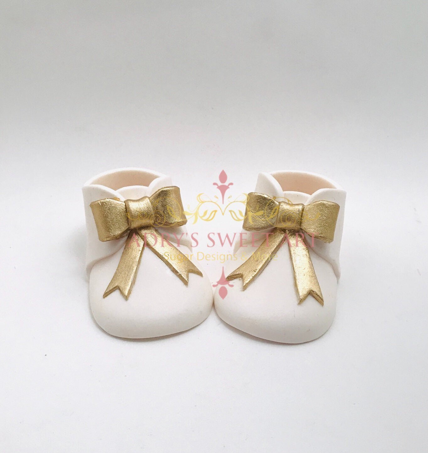 Gum Paste White Baby Boots with Gold Bow Cake Topper - Adry’s Sweet Art