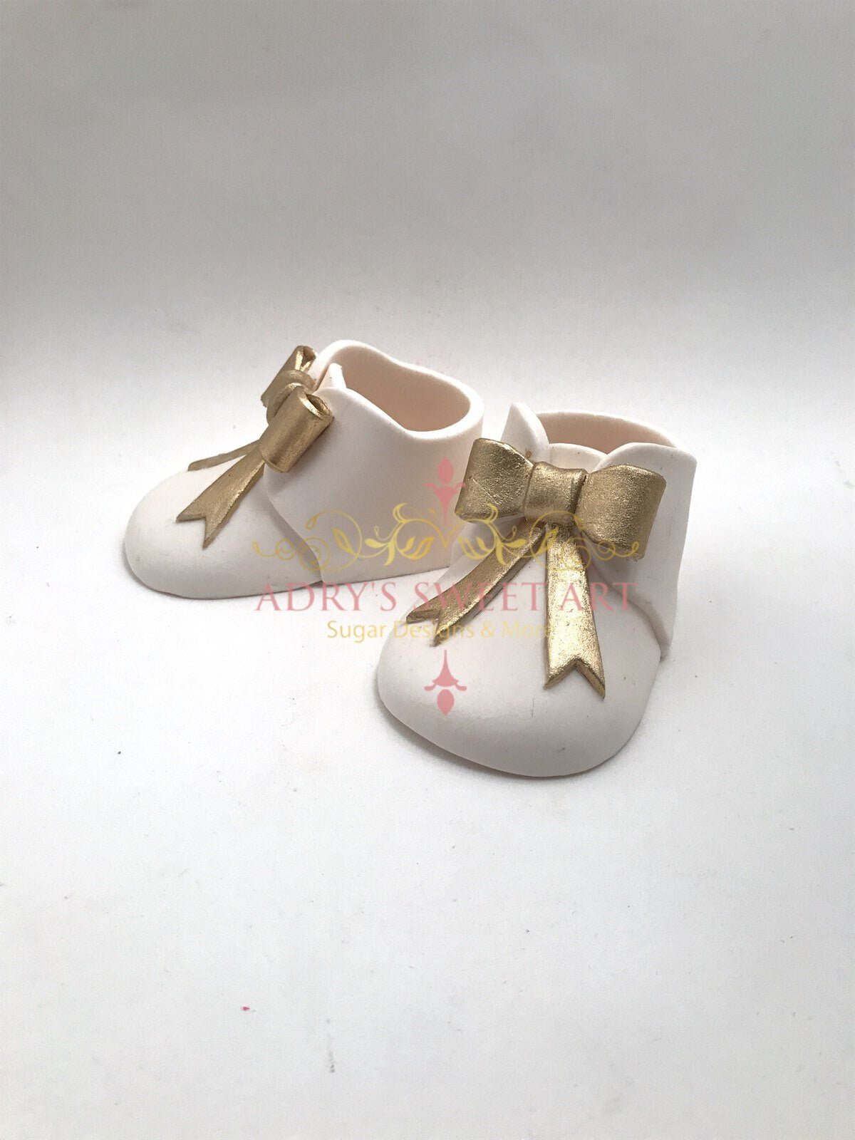 Gum Paste White Baby Boots with Gold Bow Cake Topper - Adry’s Sweet Art