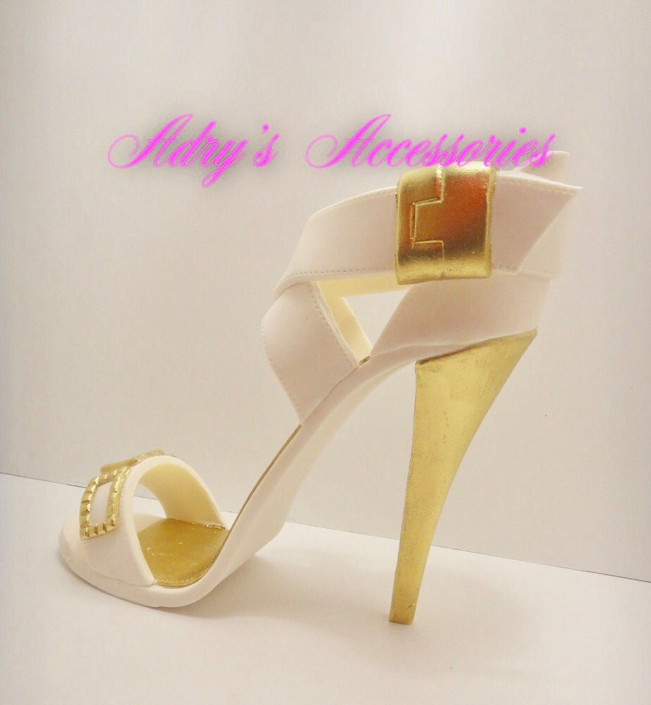 Gum Paste High Heel Shoe Gold and White with Cross Stripes