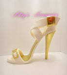 Gum Paste High Heel Shoe Gold and White with Cross Stripes