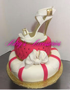 Gum Paste High Heel Shoe Gold and White with Cross Stripes