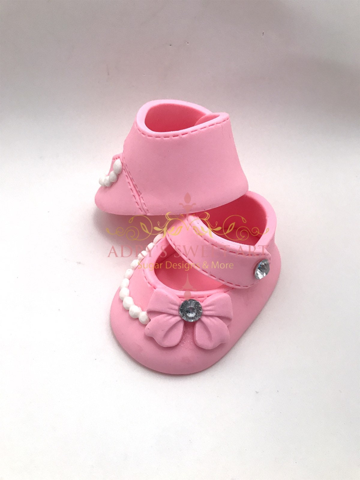 Pink Baby Shoes with Pearls & Bow Gum Paste Cake Topper