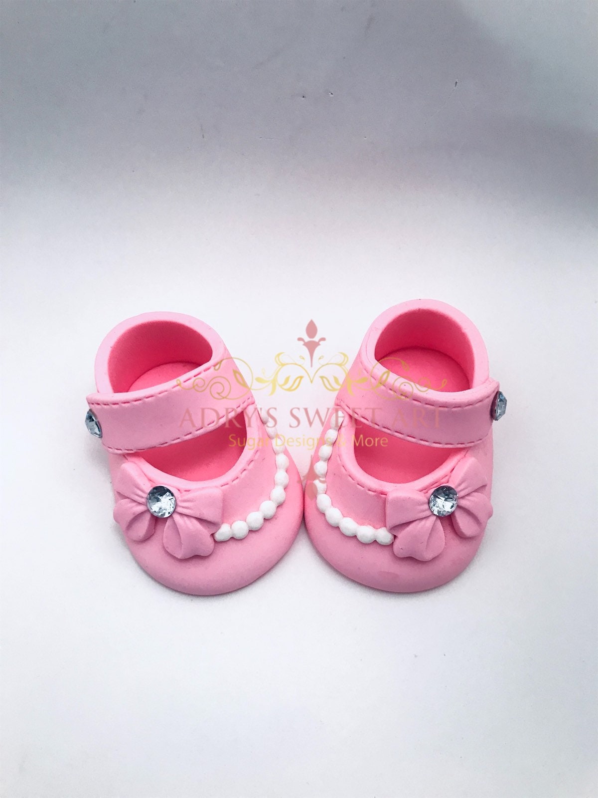 Pink Baby Shoes with Pearls & Bow Gum Paste Cake Topper