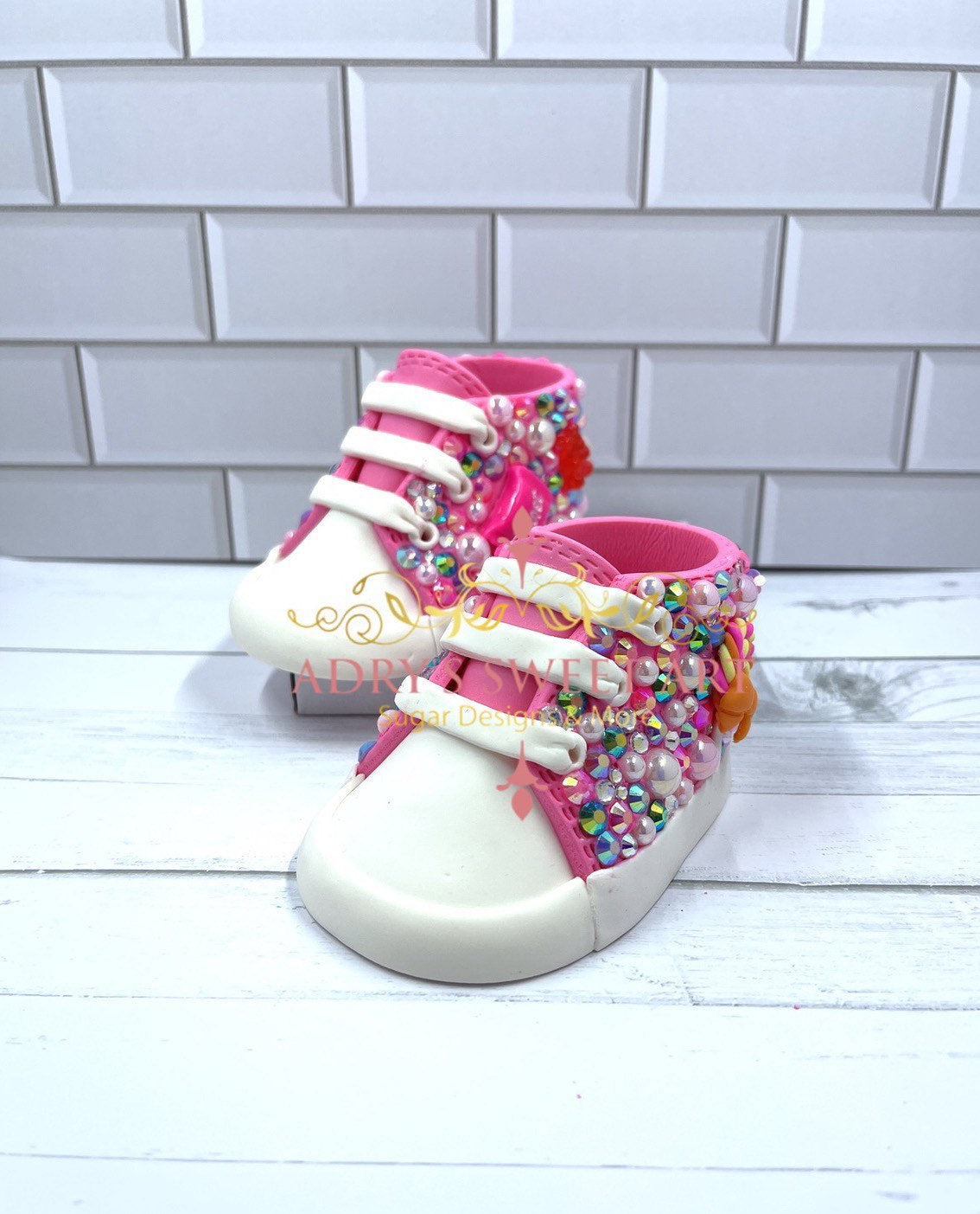 Gum Paste Baby Girl Rhinestones and Candies Sneakers Cake Topper