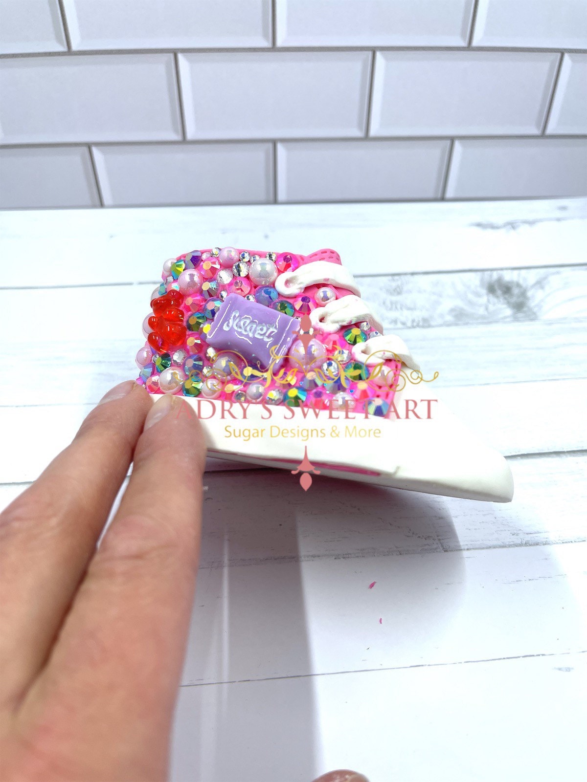 Gum Paste Baby Girl Rhinestones and Candies Sneakers Cake Topper