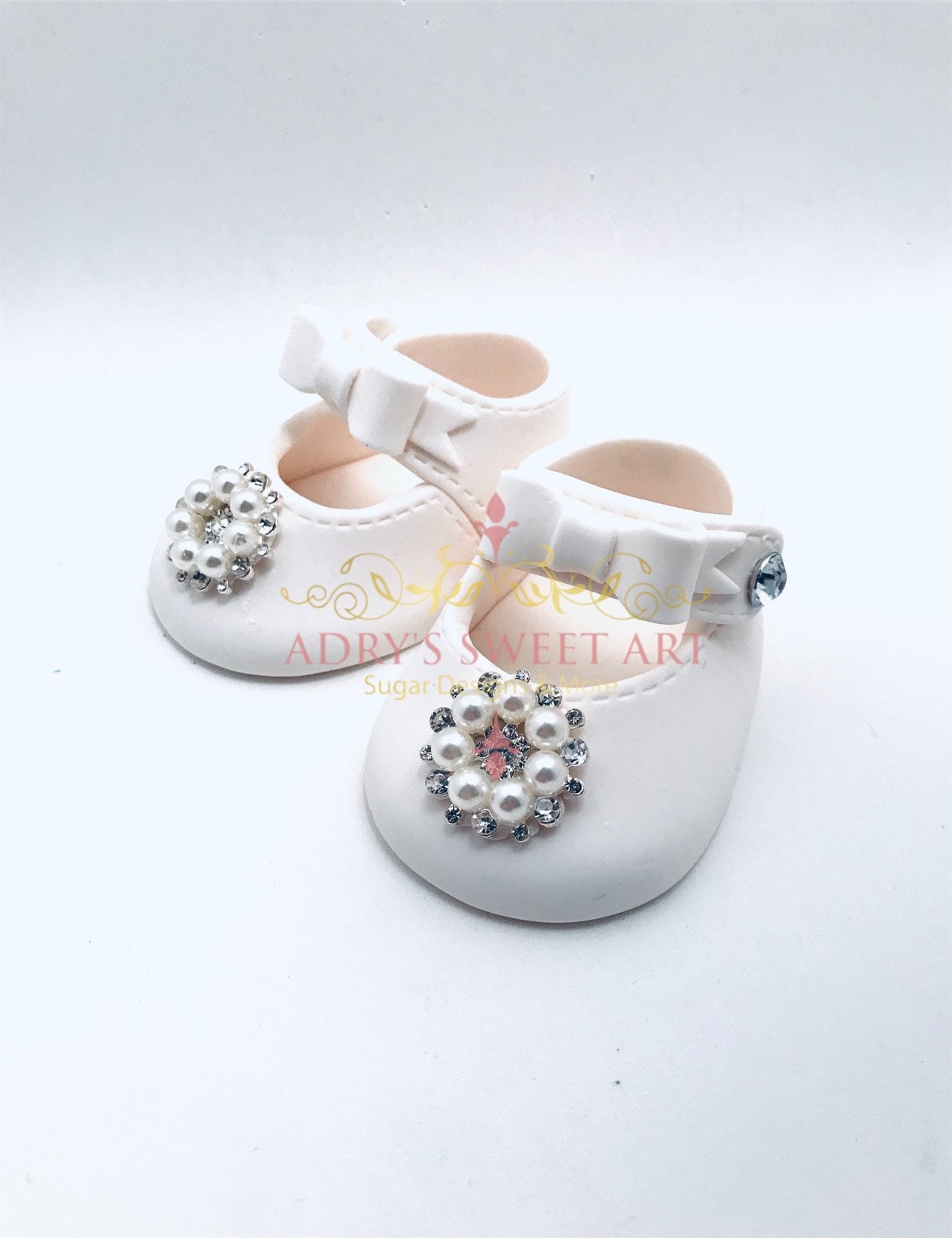 Gum Paste Baby Girl White Shoes With Rhinestones Flower Cake Topper