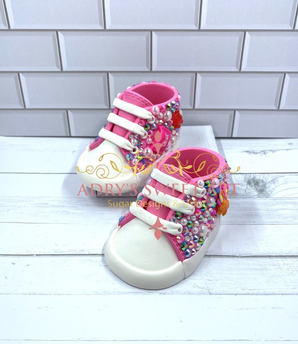 Gum Paste Baby Girl Rhinestones and Candies Sneakers Cake Topper