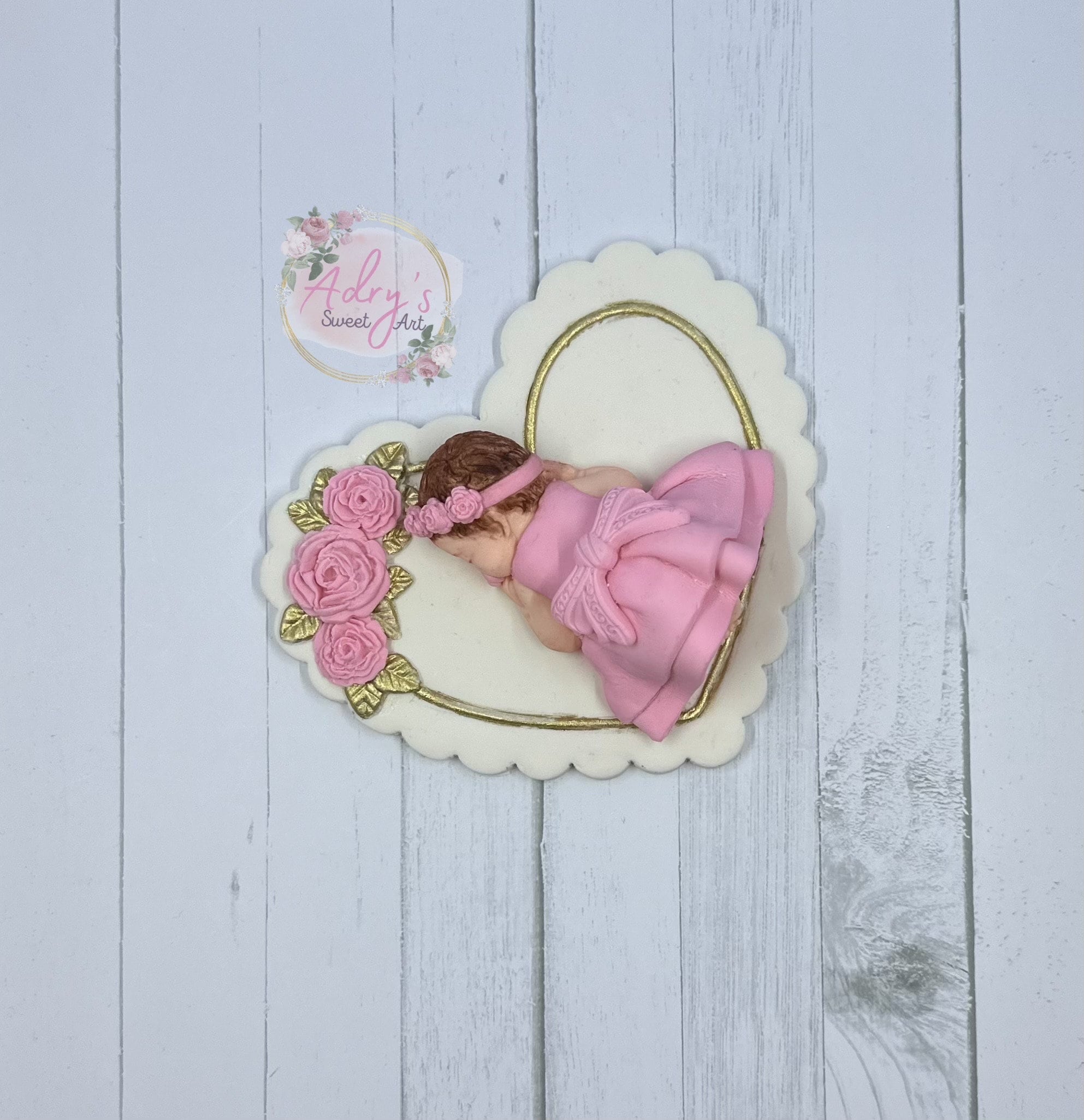 Gum Paste Heart and Pink Roses Baby Girl Cake Topper