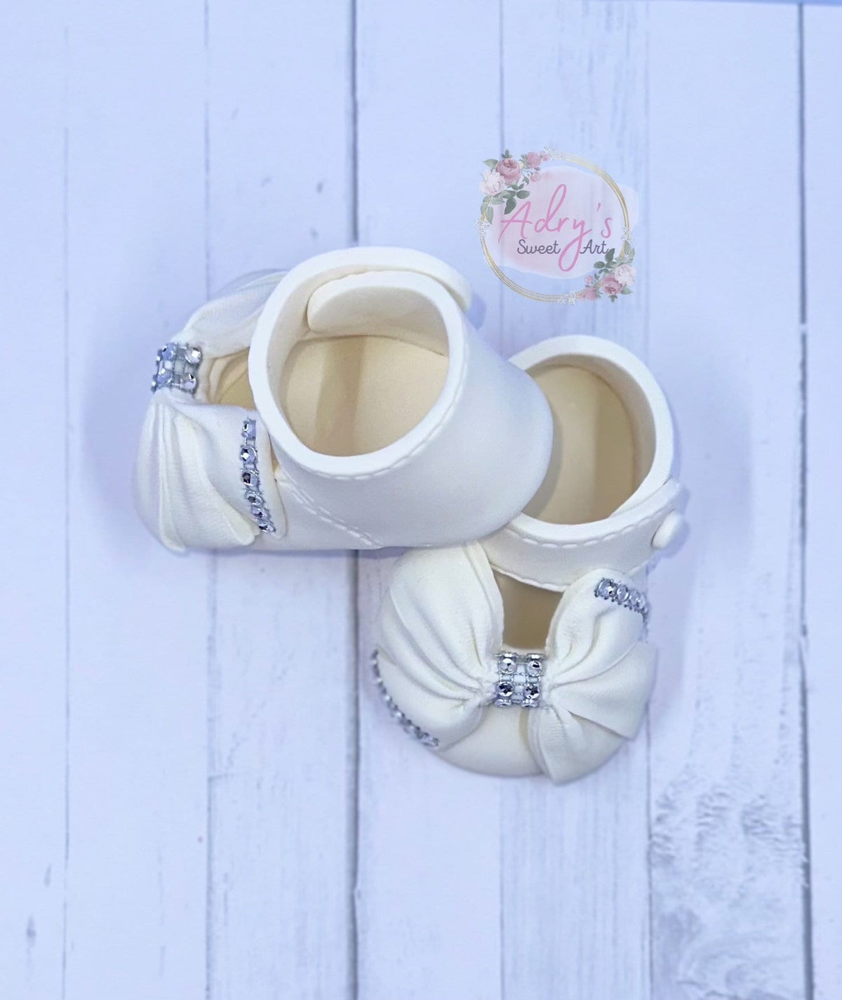 White Baby Shoes with “Fabric” Bow Gum Paste Cake Topper