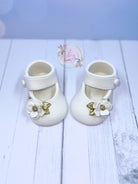 Gum Paste Baby Girl White and Gold Flower Shoes Cake Topper