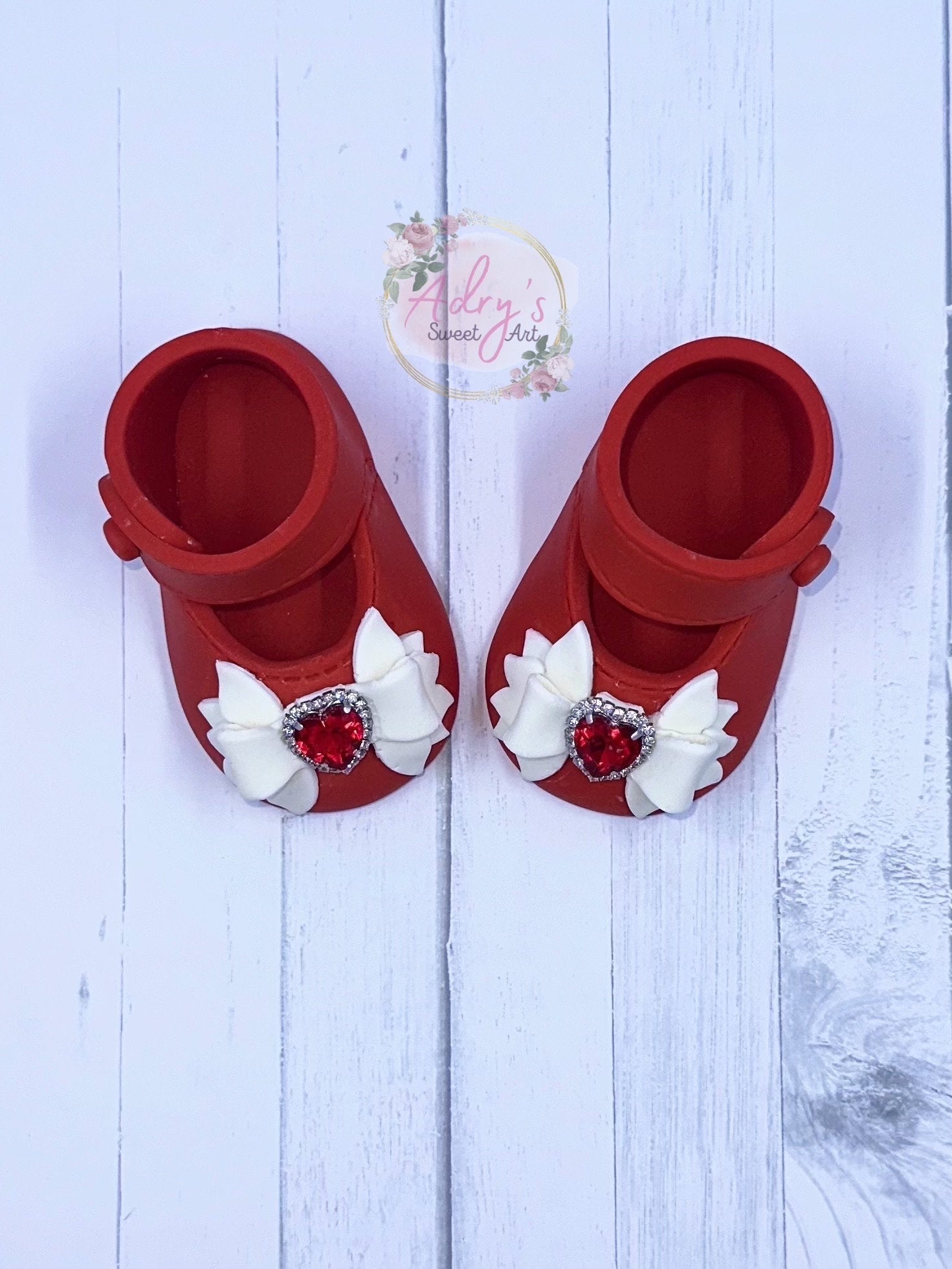 Gum Paste Baby Girl Red Shoes with White Bow and Rhinestones Cake Topper