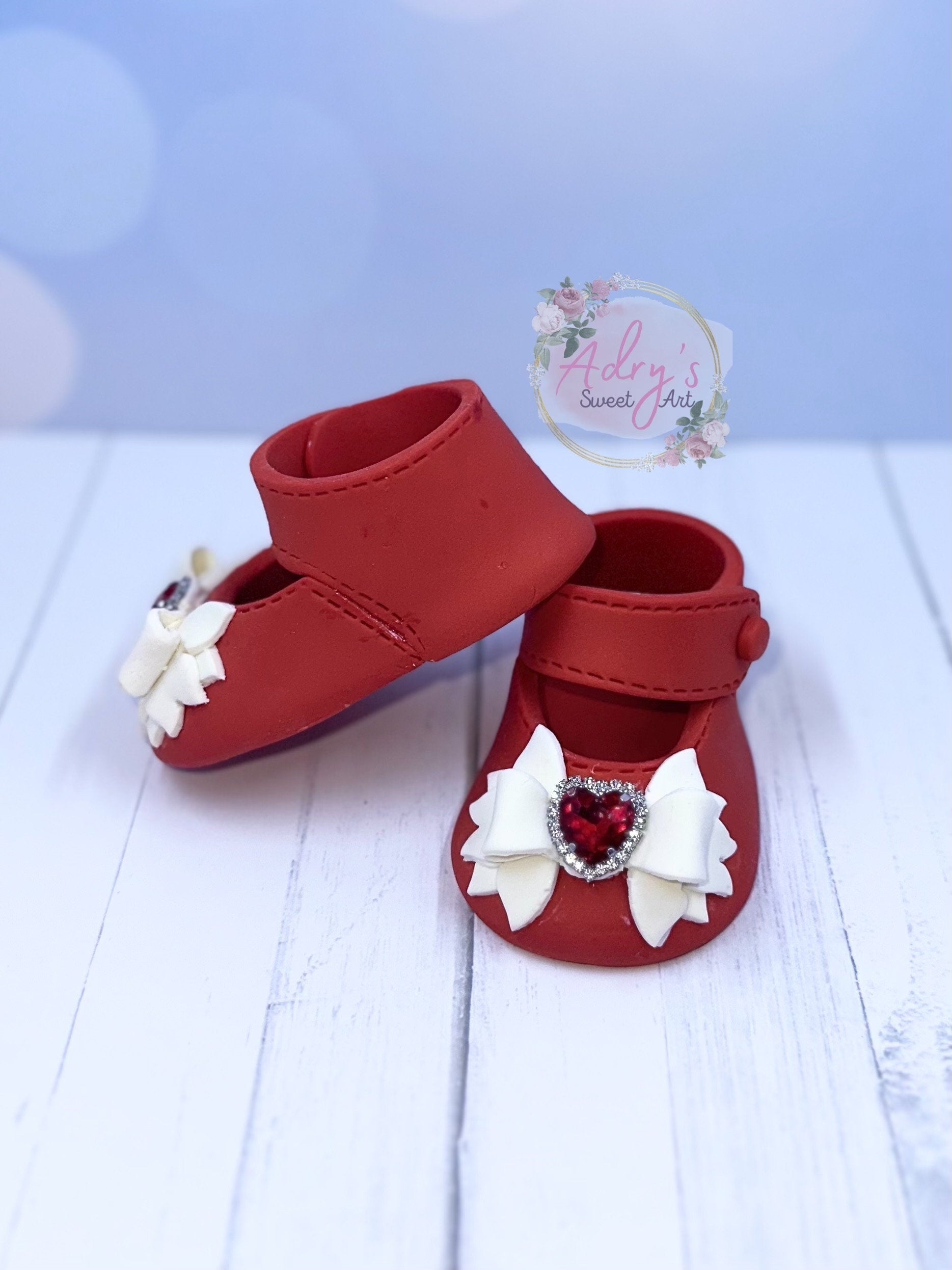 Gum Paste Baby Girl Red Shoes with White Bow and Rhinestones Cake Topper