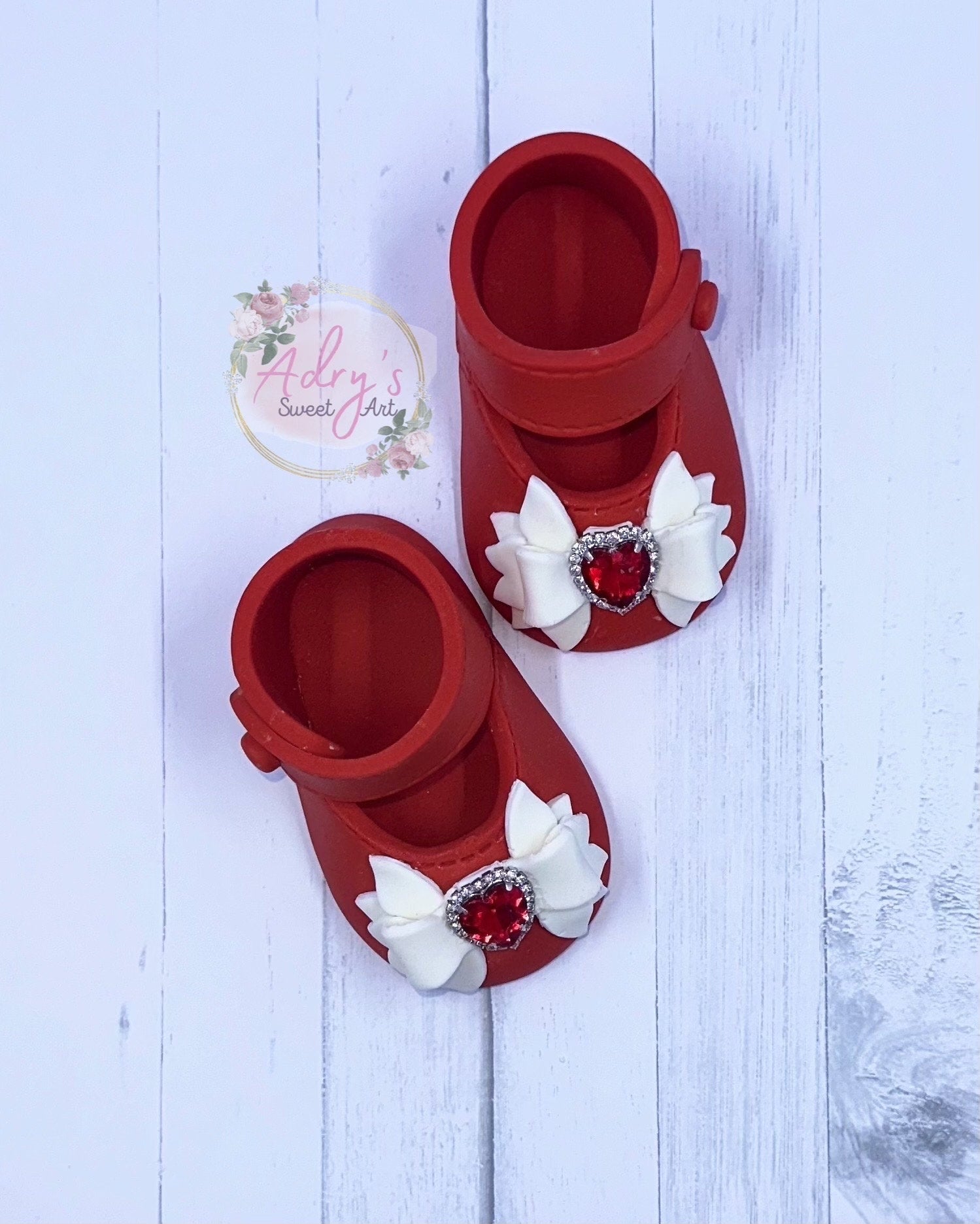 Gum Paste Baby Girl Red Shoes with White Bow and Rhinestones Cake Topper