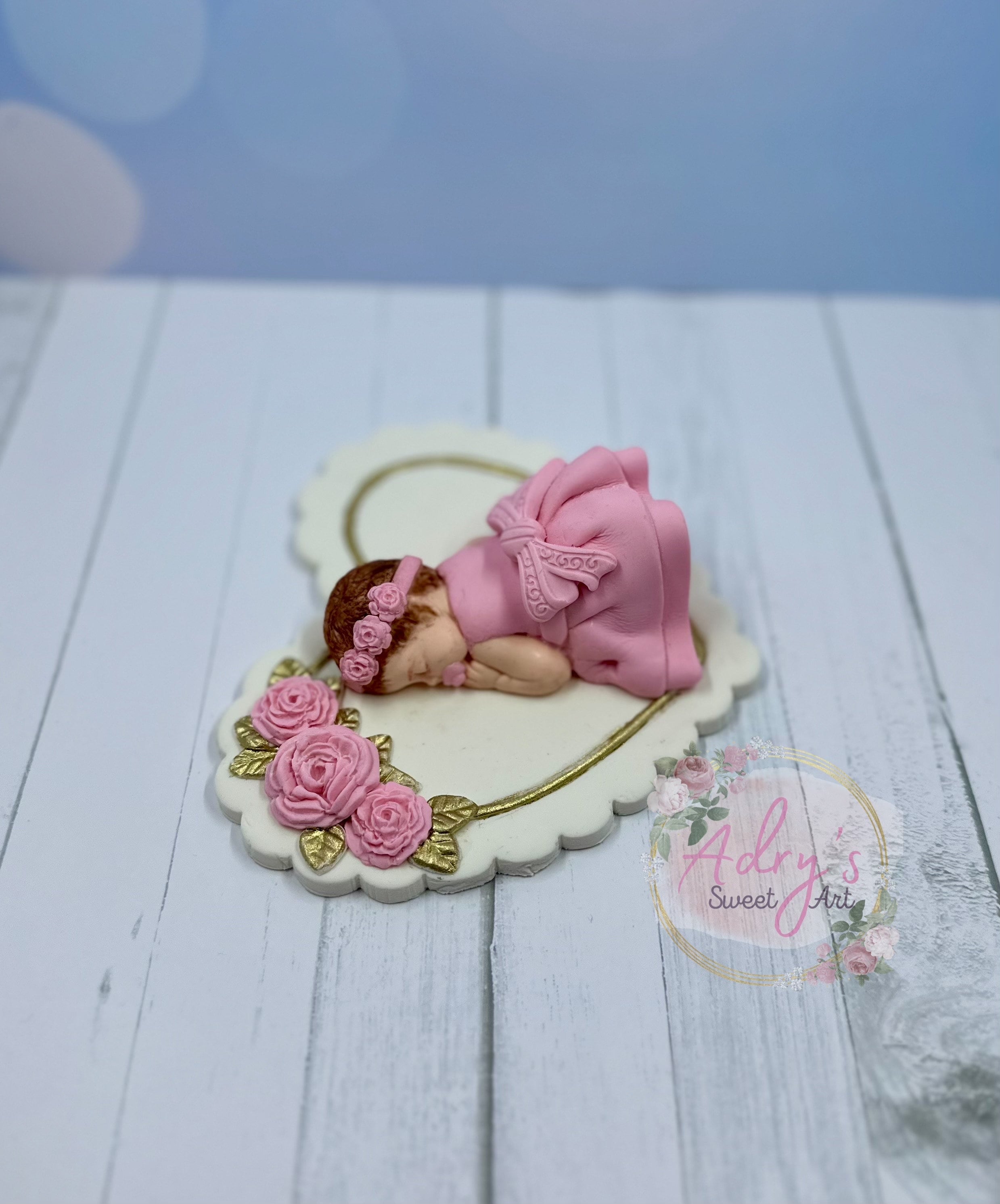 Gum Paste Heart and Pink Roses Baby Girl Cake Topper