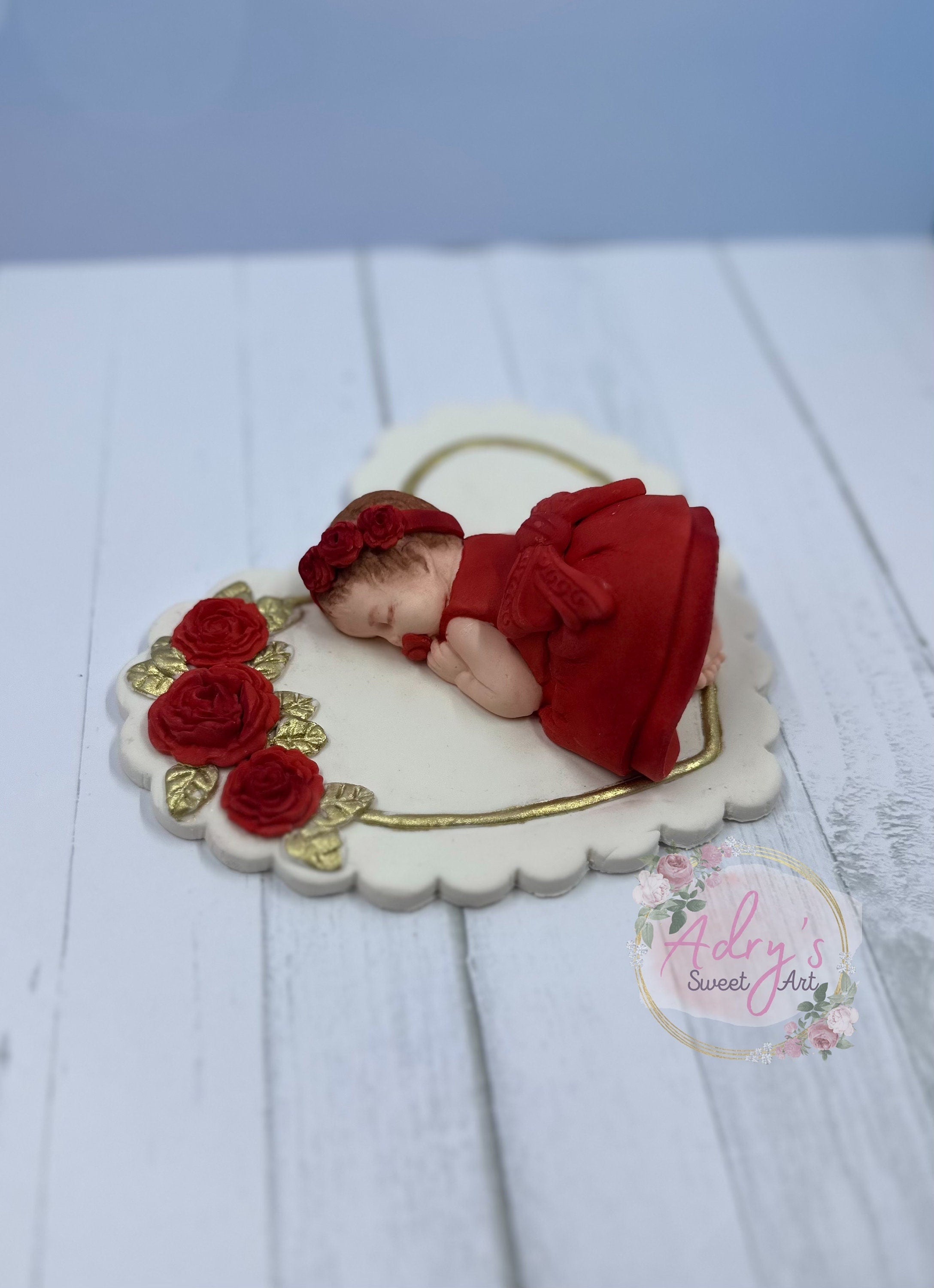 Red Roses & Heart Baby Girl Gum Paste Cake Topper