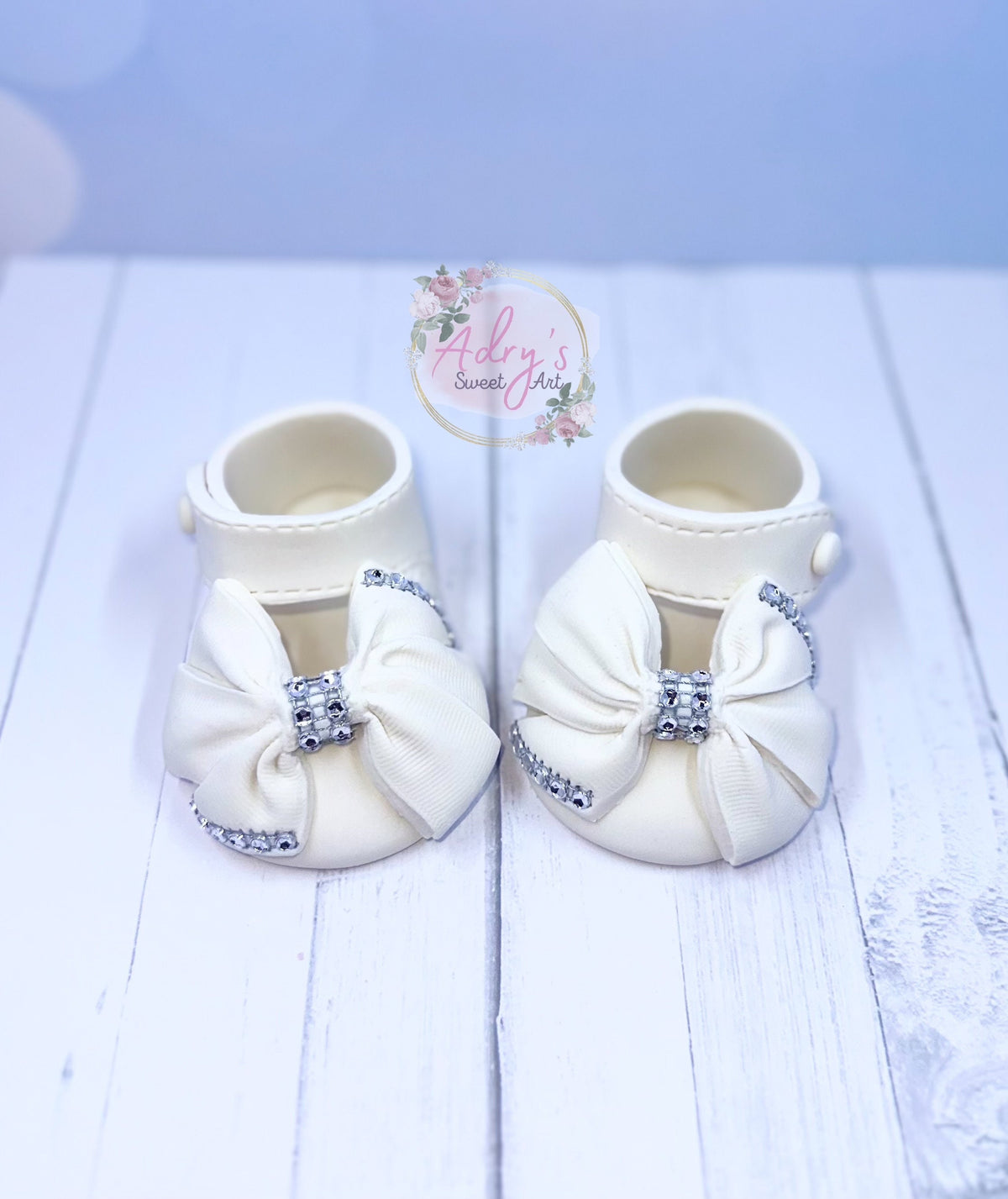 White Baby Shoes with “Fabric” Bow Gum Paste Cake Topper