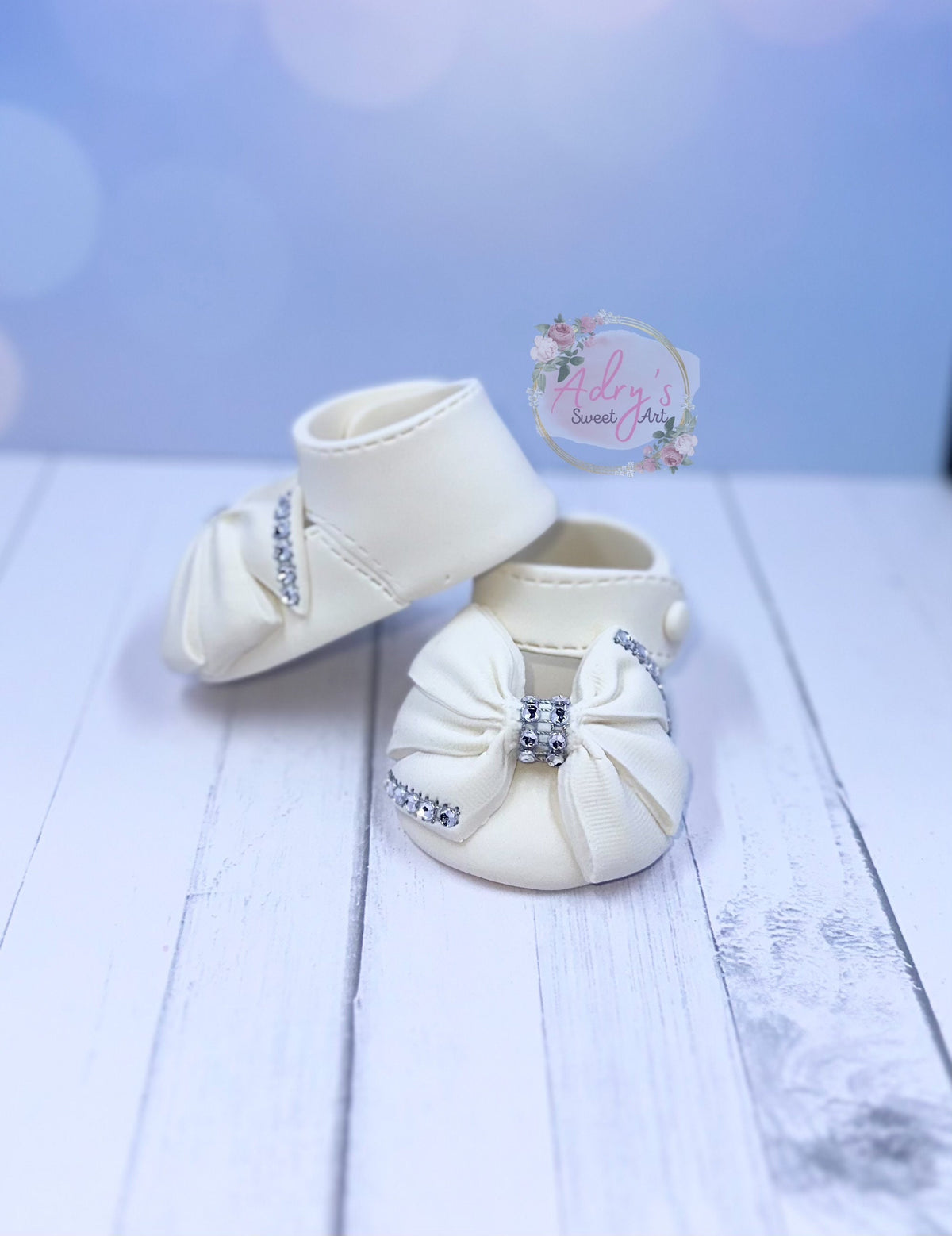 White Baby Shoes with “Fabric” Bow Gum Paste Cake Topper