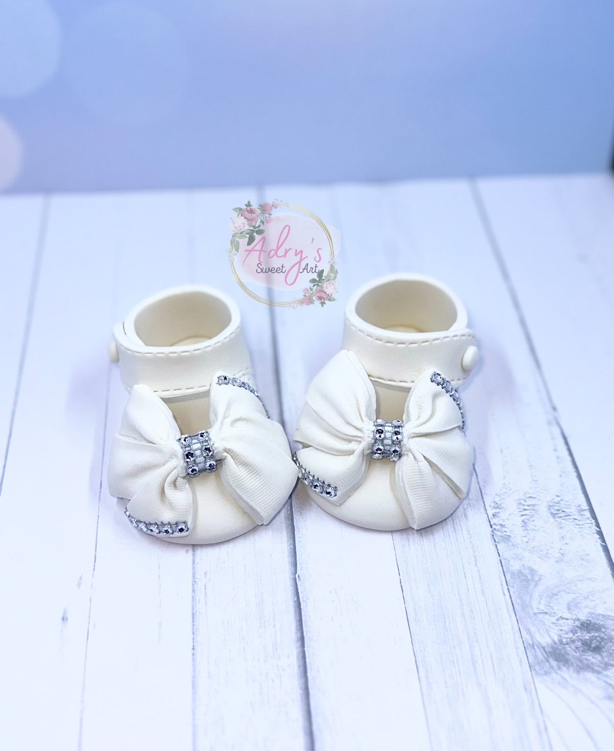 White Baby Shoes with “Fabric” Bow Gum Paste Cake Topper