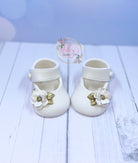 Gum Paste Baby Girl White and Gold Flower Shoes Cake Topper