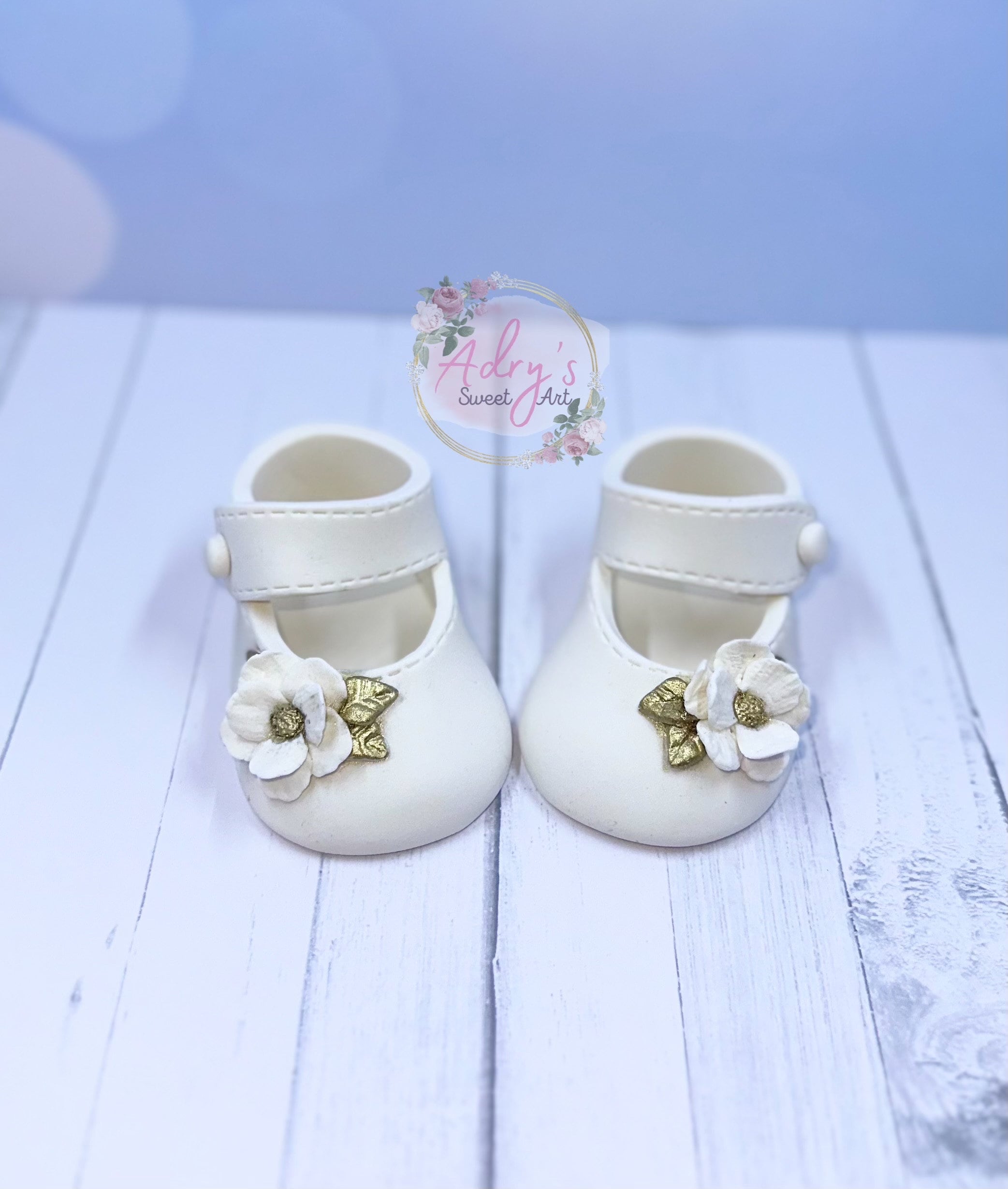 Gum Paste Baby Girl White and Gold Flower Shoes Cake Topper