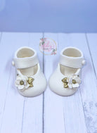 Gum Paste Baby Girl White and Gold Flower Shoes Cake Topper