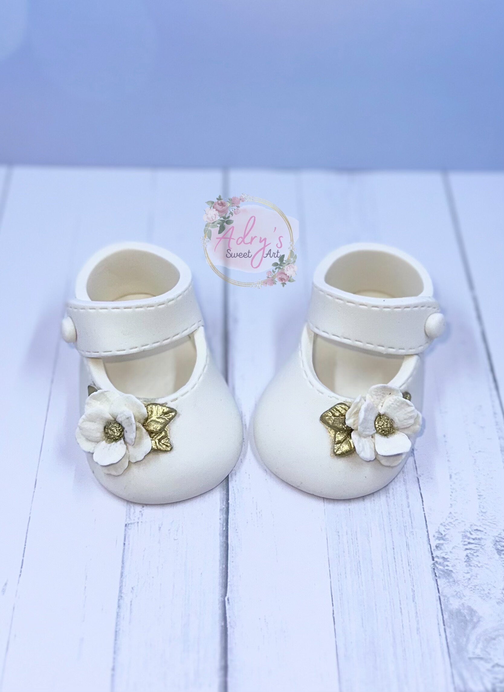 Gum Paste Baby Girl White and Gold Flower Shoes Cake Topper