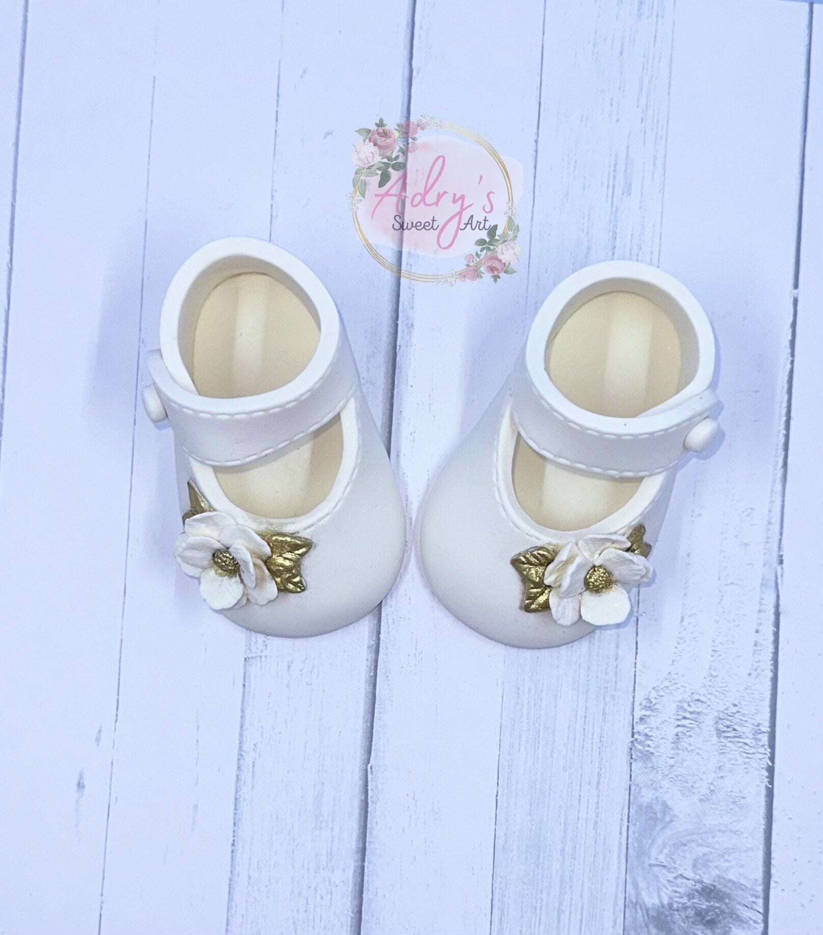 Gum Paste Baby Girl White and Gold Flower Shoes Cake Topper