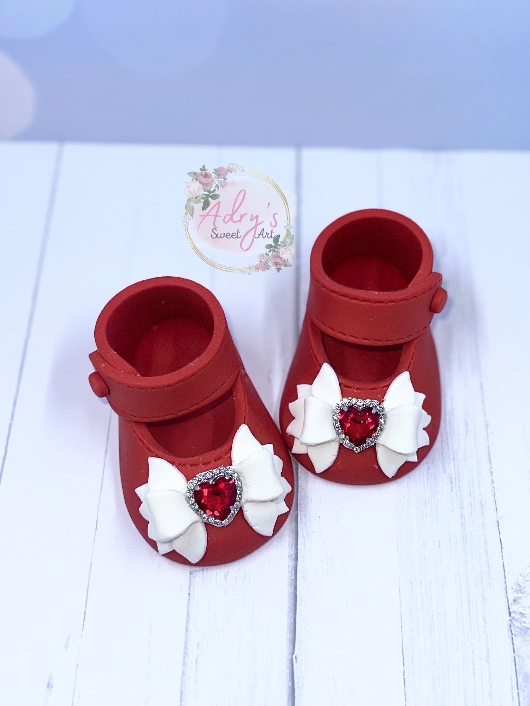 Gum Paste Baby Girl Red Shoes with White Bow and Rhinestones Cake Topper