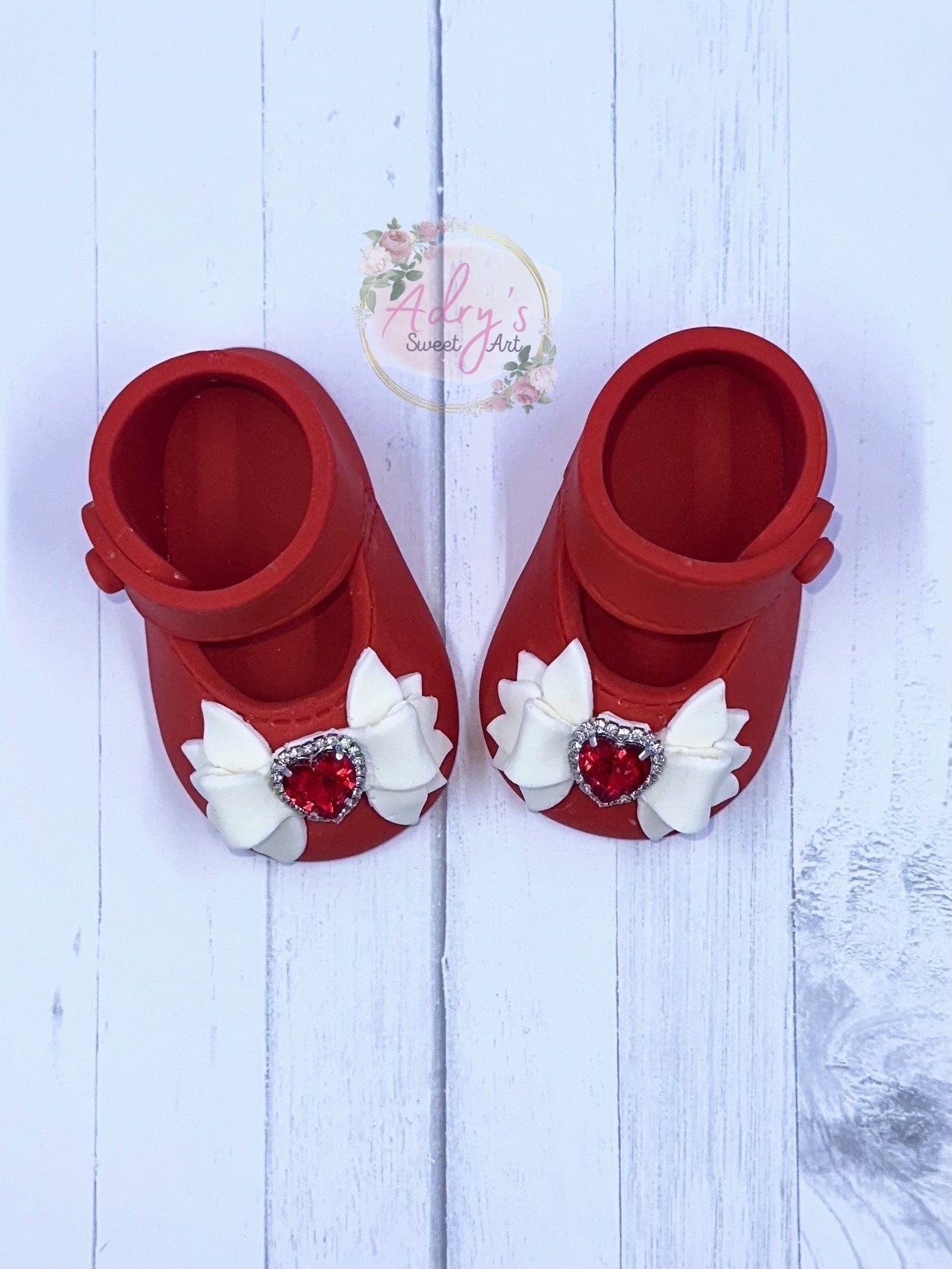 Gum Paste Baby Girl Red Shoes with White Bow and Rhinestones Cake Topper