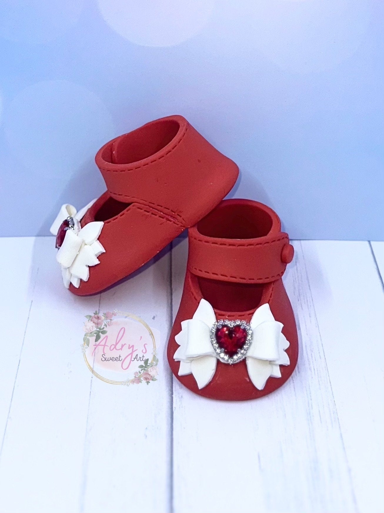 Gum Paste Baby Girl Red Shoes with White Bow and Rhinestones Cake Topper