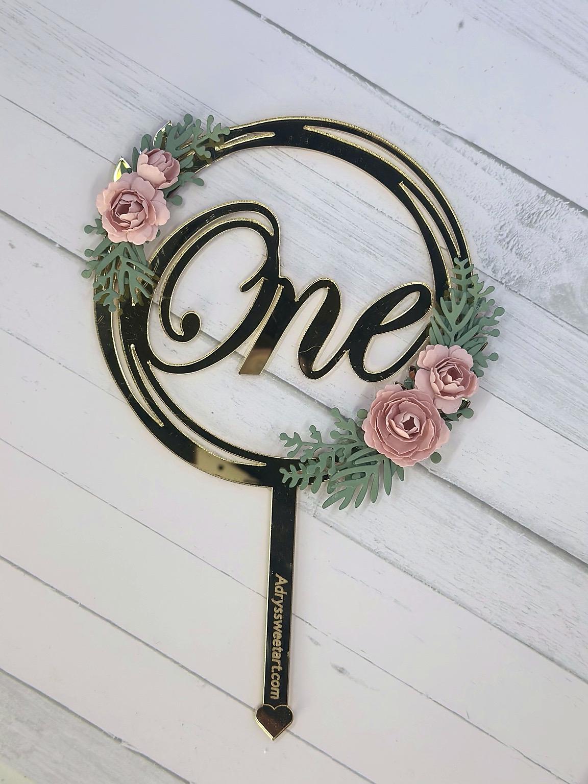 First Birthday Cake Topper for Girl – Gold Floral “One” Topper with Handmade Pink Flowers