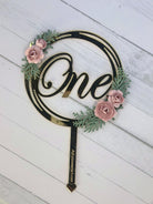 First Birthday Cake Topper for Girl – Gold Floral “One” Topper with Handmade Pink Flowers