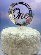 First Birthday Cake Topper for Girl – Gold Floral “One” Topper with Handmade Pink Flowers
