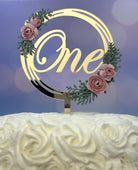 First Birthday Cake Topper for Girl – Gold Floral “One” Topper with Handmade Pink Flowers